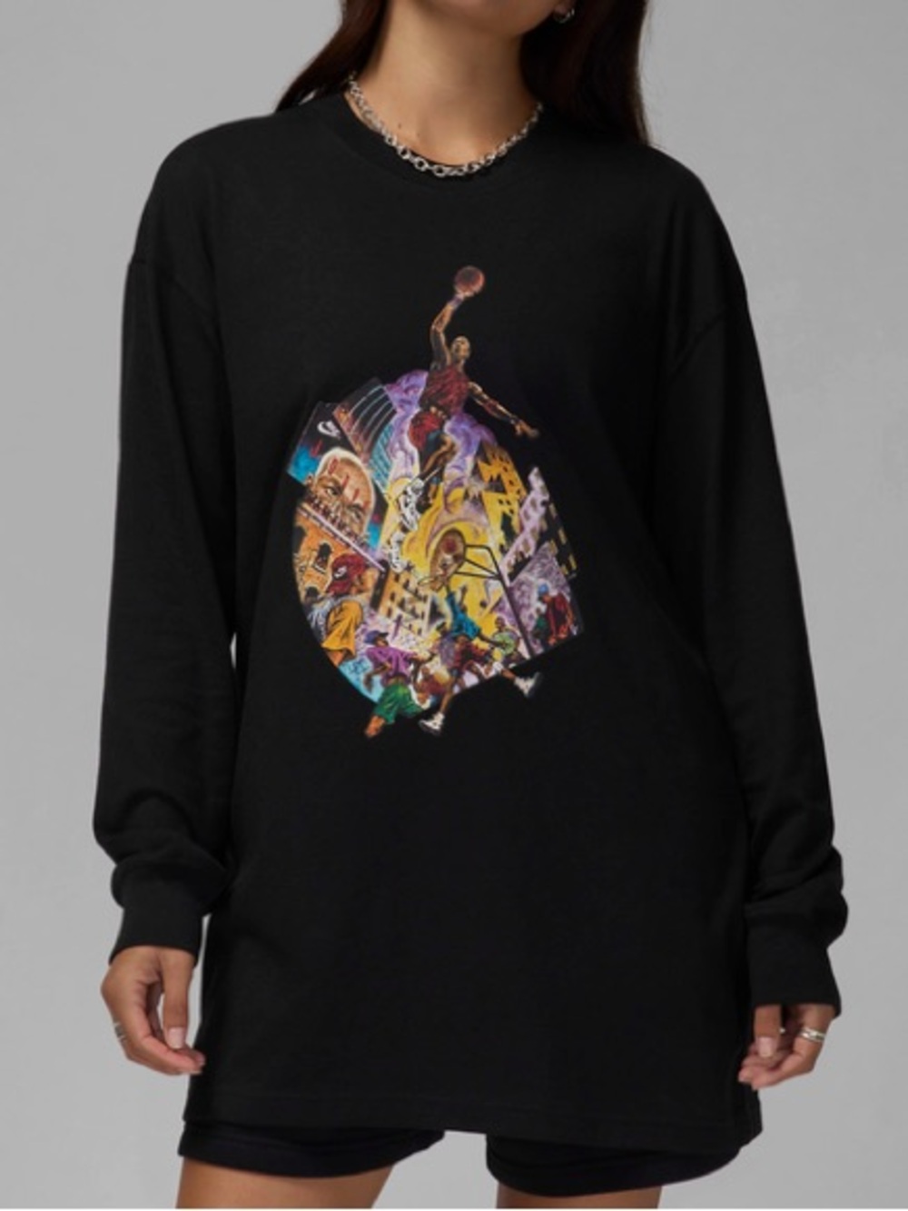 Air Jordan Women L Black Cotton Oversized Long Sleeve Graphic T-Shirt FV7197